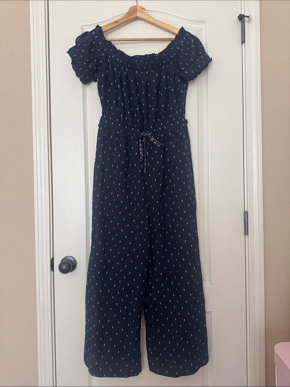 Anthropologie Navy Off-Shoulder Wide-Leg Jumpsuit NWT